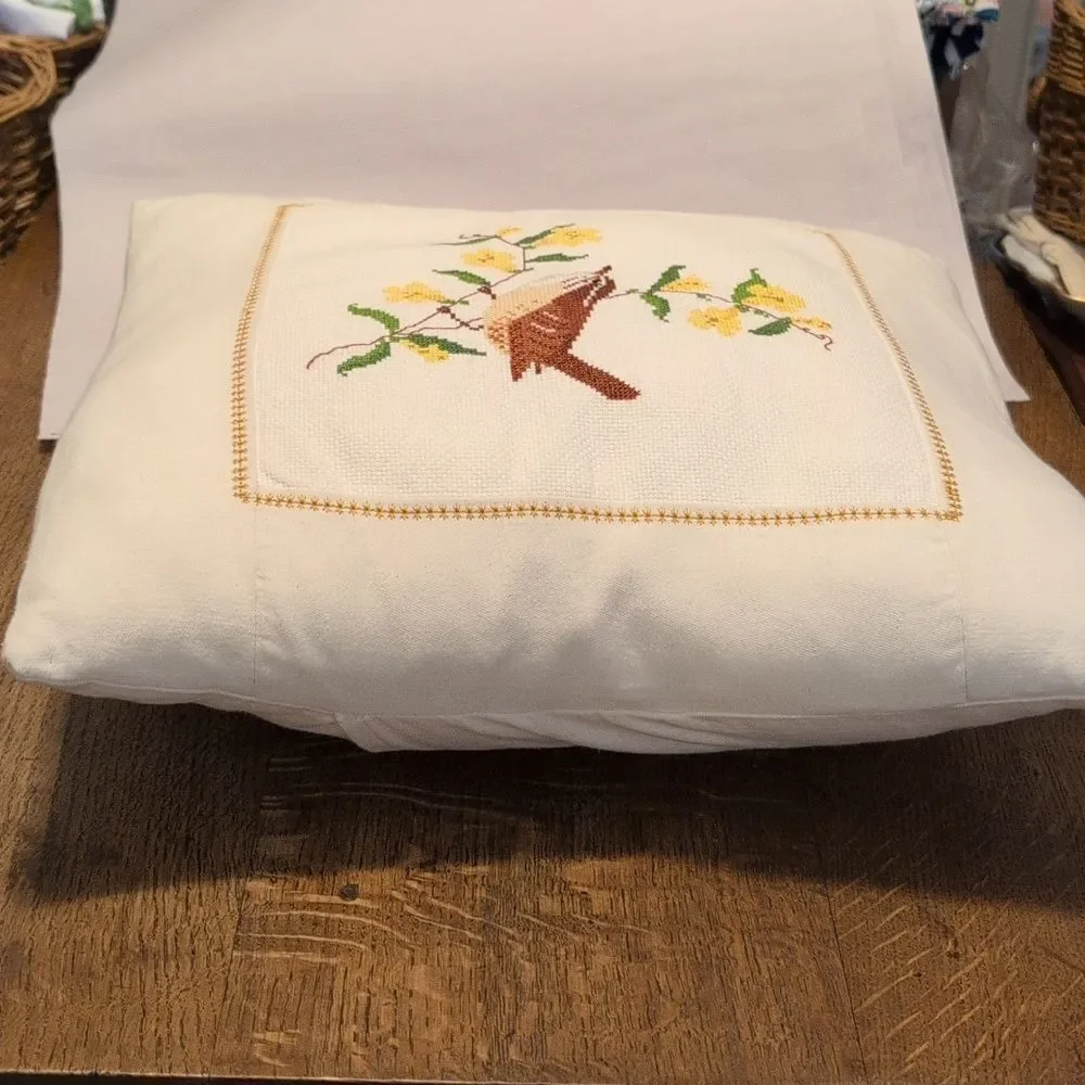 Handmade Cross Stitch Bird and Floral Accent Throw Pillow Vintage